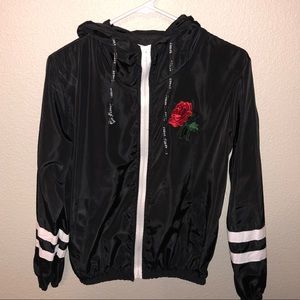 Black Raincoat with Rose Embroidery